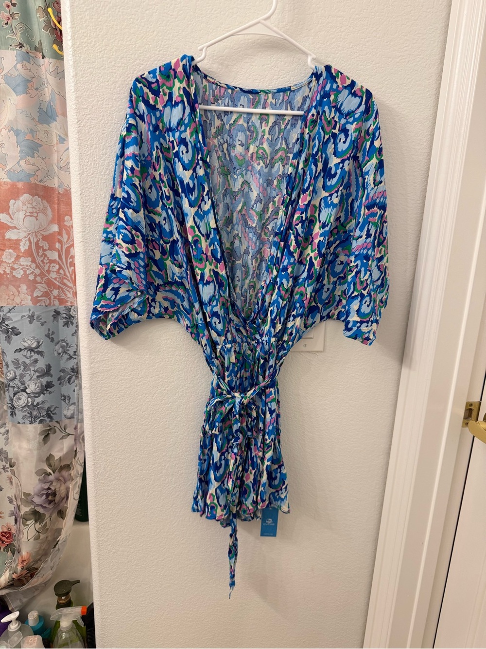 NWT Cupshe Blue Multicolor Abstract Tie-Waist Romper/ Coverup Small